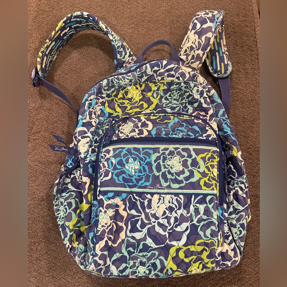Vera Bradley Navy FloralQuilted Backpack  teal/lime Accents used condition 15x15